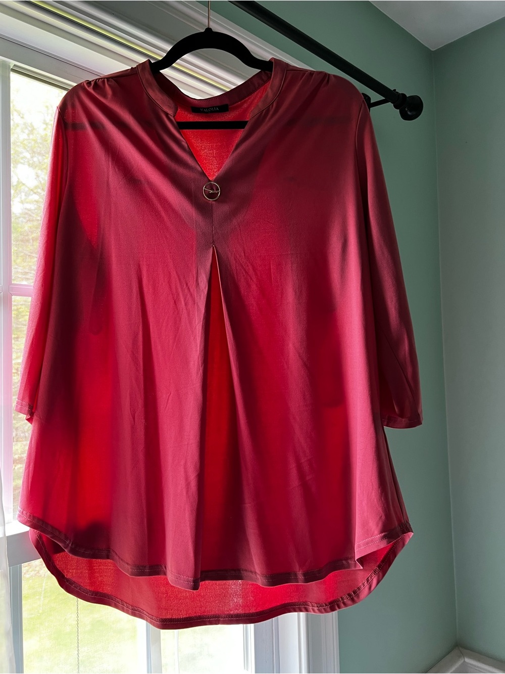 Valolia Womens Dark Pink V-Neck Pleated Tunic Blouse 3/4 Sleeve Top XL
